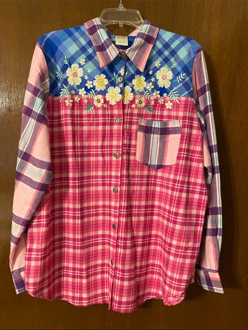 NWOT Blair Colorful Plaid Button-Up Shirt with Floral Embroidery